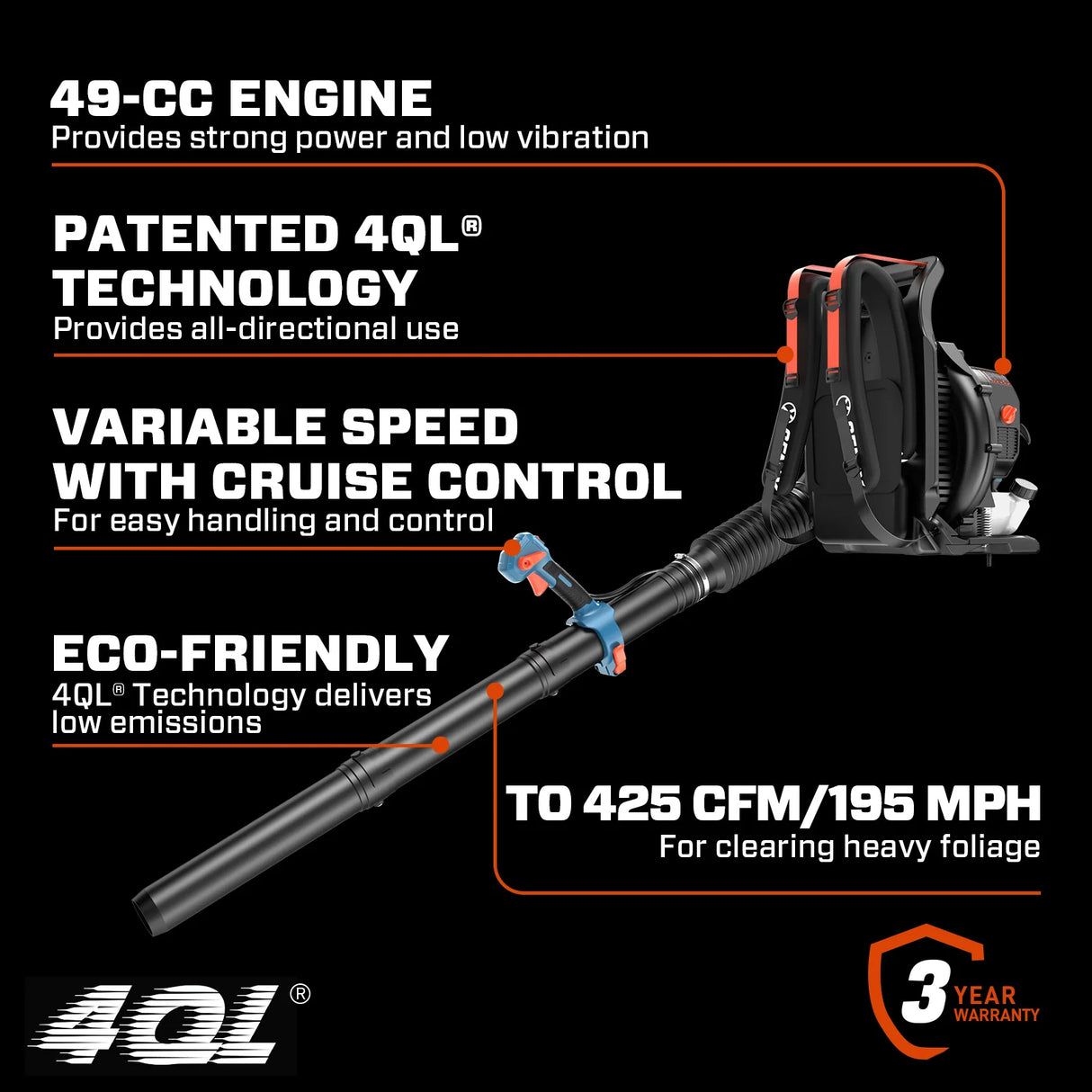 Soplador de Hojas de Mochila a Gas SENIX 4QL® de 49cc