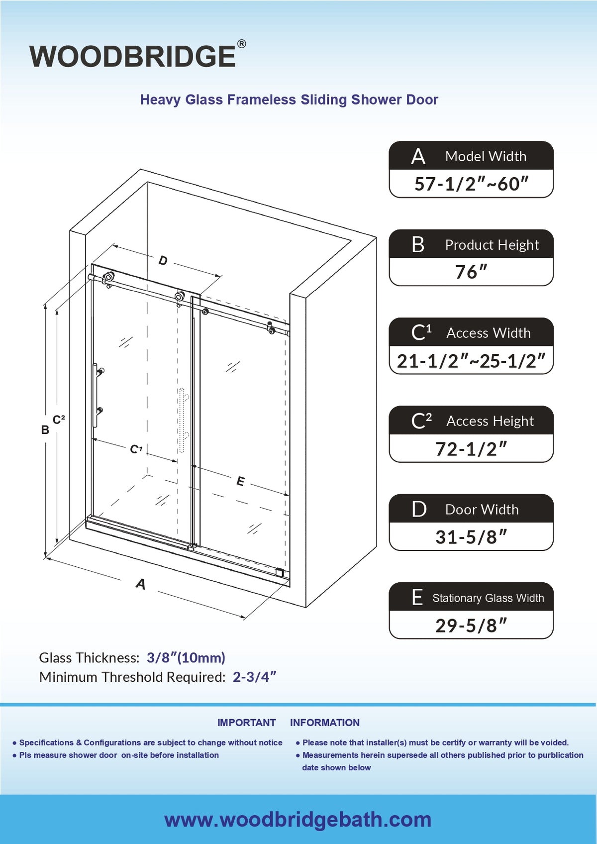 Puerta de Ducha Corredera Sin Marco WOODBRIDGE W-BSDC6076-B de 3/8″ (10 mm) con Cierre Suave