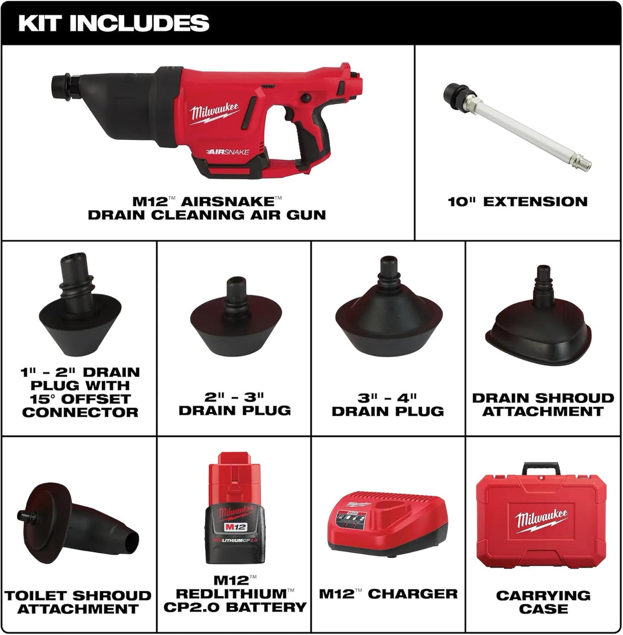 Milwaukee Kit de pistola de aire para limpiar drenajes M12™ AIRSNAKE™