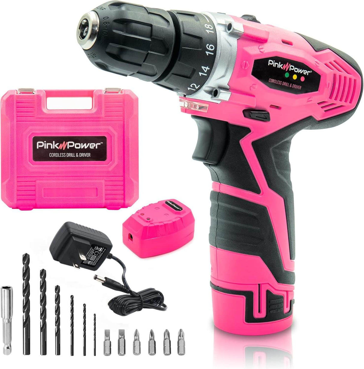 Pink Power 12V Li-Ion Pink Cordless Drill Driver Tool Kit
