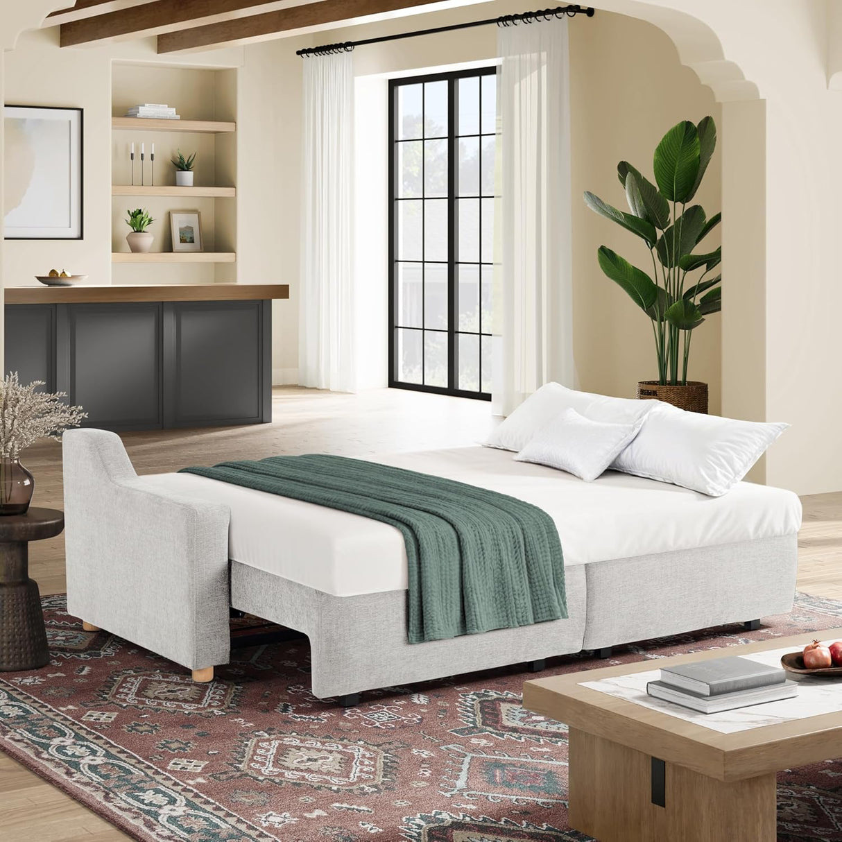 113A009NVY Serta Glendale - Sofá convertible de 90.2 pulgadas, tamaño Queen para abrazar la pared, comodidad Dreamcoil, tela de felpilla, color crema