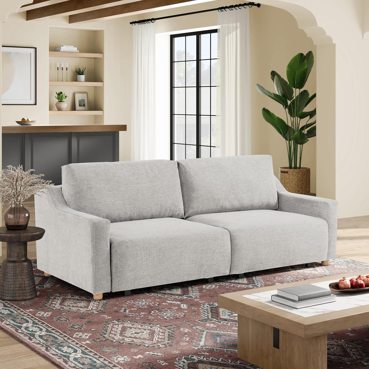 113A009NVY Serta Glendale - Sofá convertible de 90.2 pulgadas, tamaño Queen para abrazar la pared, comodidad Dreamcoil, tela de felpilla, color crema