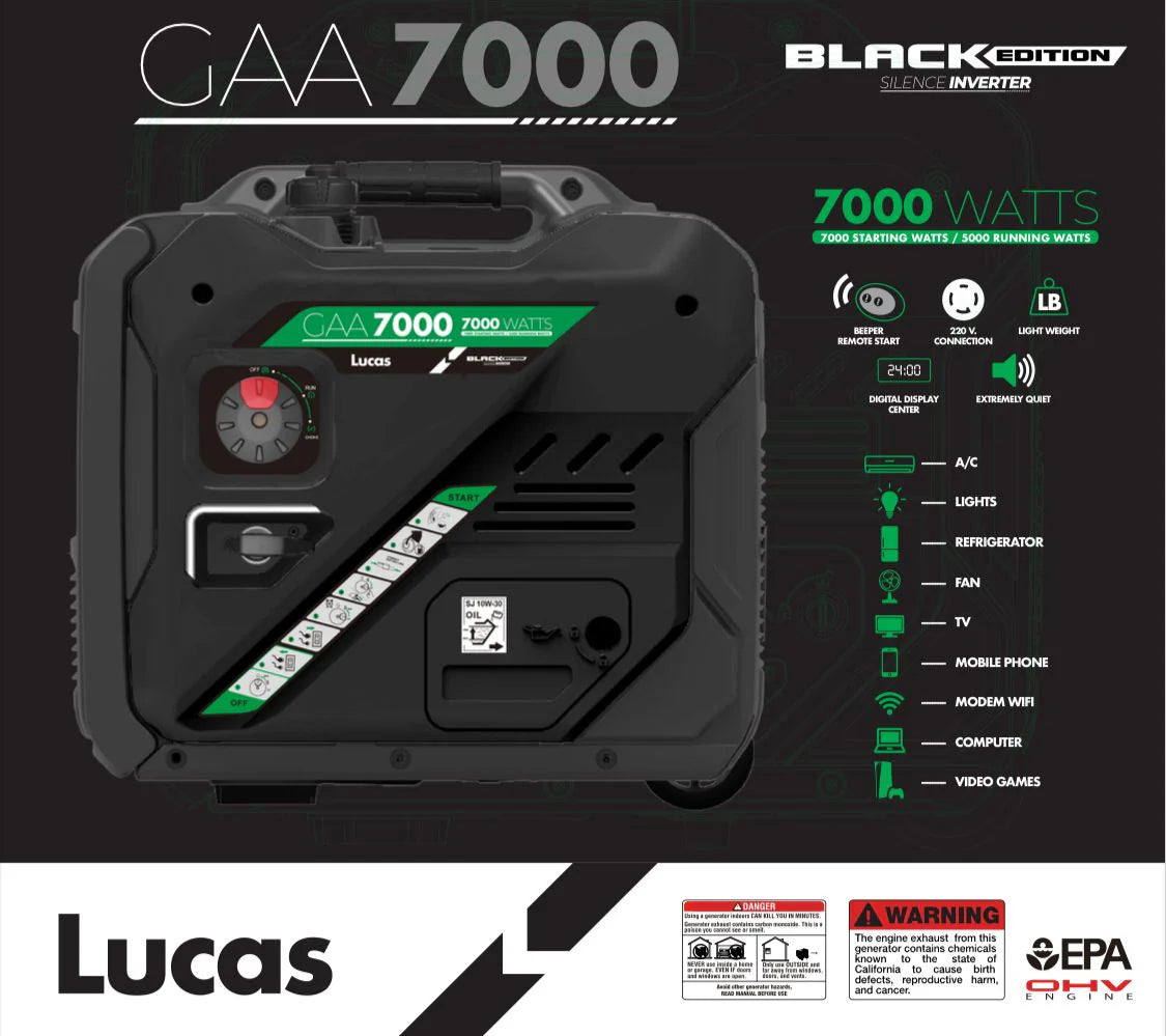 Generador Portátil Inverter LUCAS "Black Edition" de 7,000 Watts GAA7000