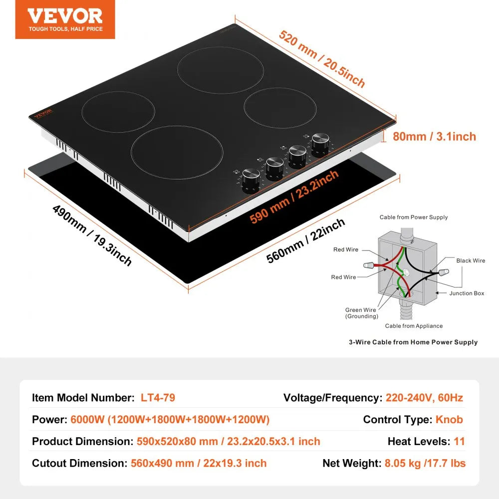 Estufa de Tope Eléctrica VEVOR 24" de 4 Hornillas (220V) | Modelo LT4-79
