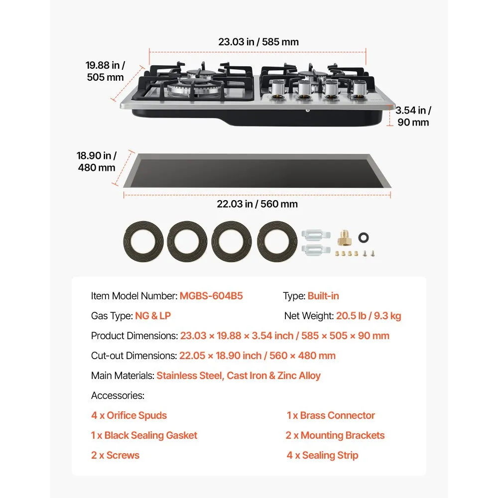 VEVOR 24 inch Gas Cooktop 4 Burners Gas Stove Top