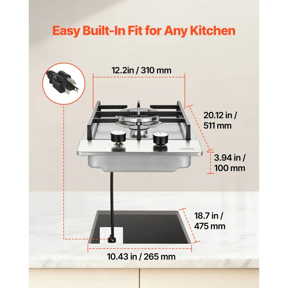 VEVOR Gas Cooktop 12 inch, Max 12250BTU 2 Burners Built-in Stainless Steel Gas Stove Top