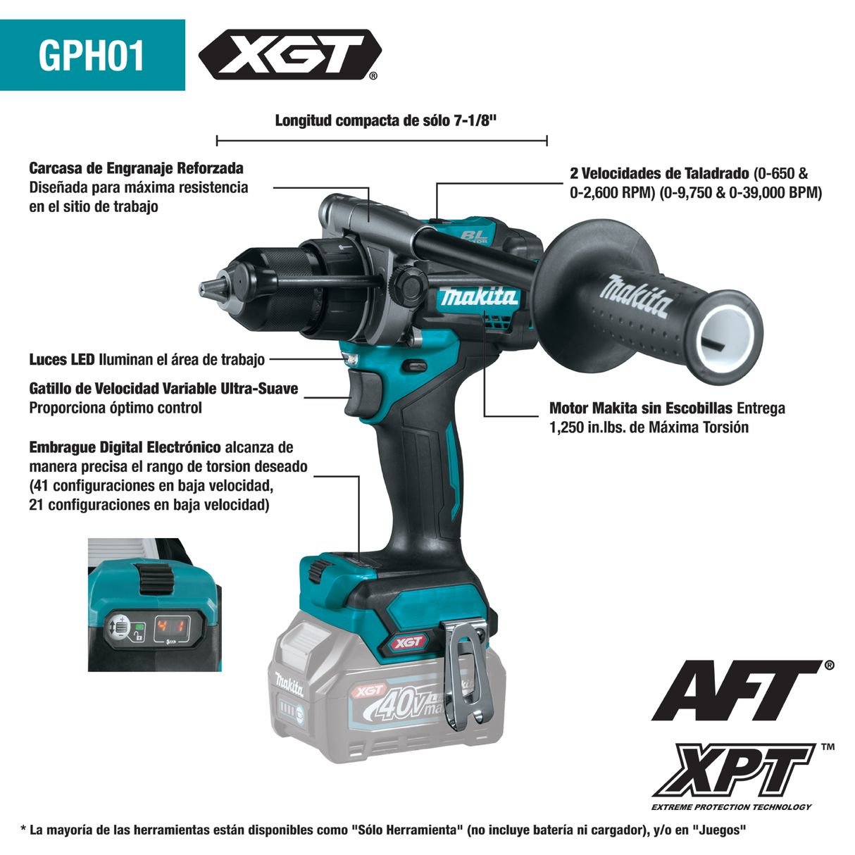 Makita Martillo Taladro‑Atornillador de 1/2" Inalámbrico XGT® de 40V max sin Escobillas, Sólo Herramienta