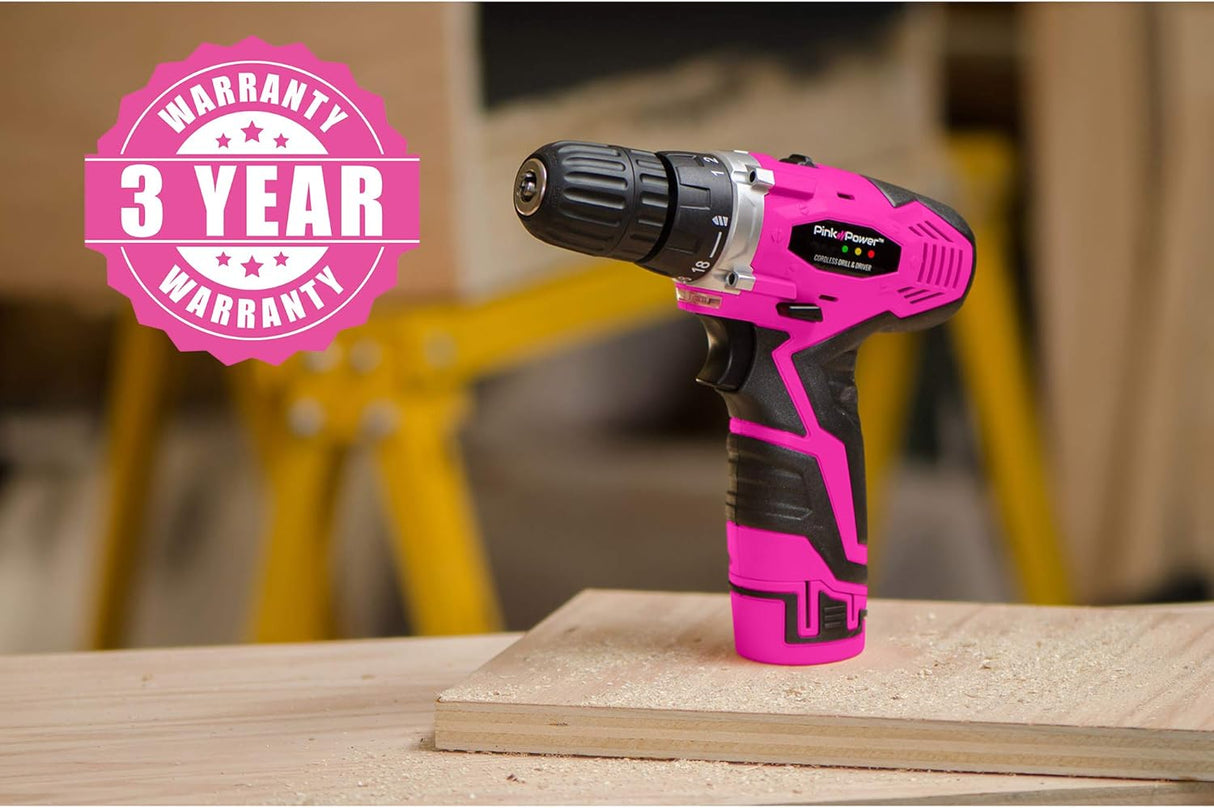 Pink Power Cordless Drill & Driver Tool Kit -  Tool Case, Lithium Ion Electric Drill, Drill Set, Battery