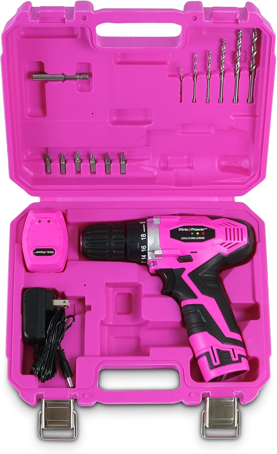 Pink Power Cordless Drill & Driver Tool Kit -  Tool Case, Lithium Ion Electric Drill, Drill Set, Battery