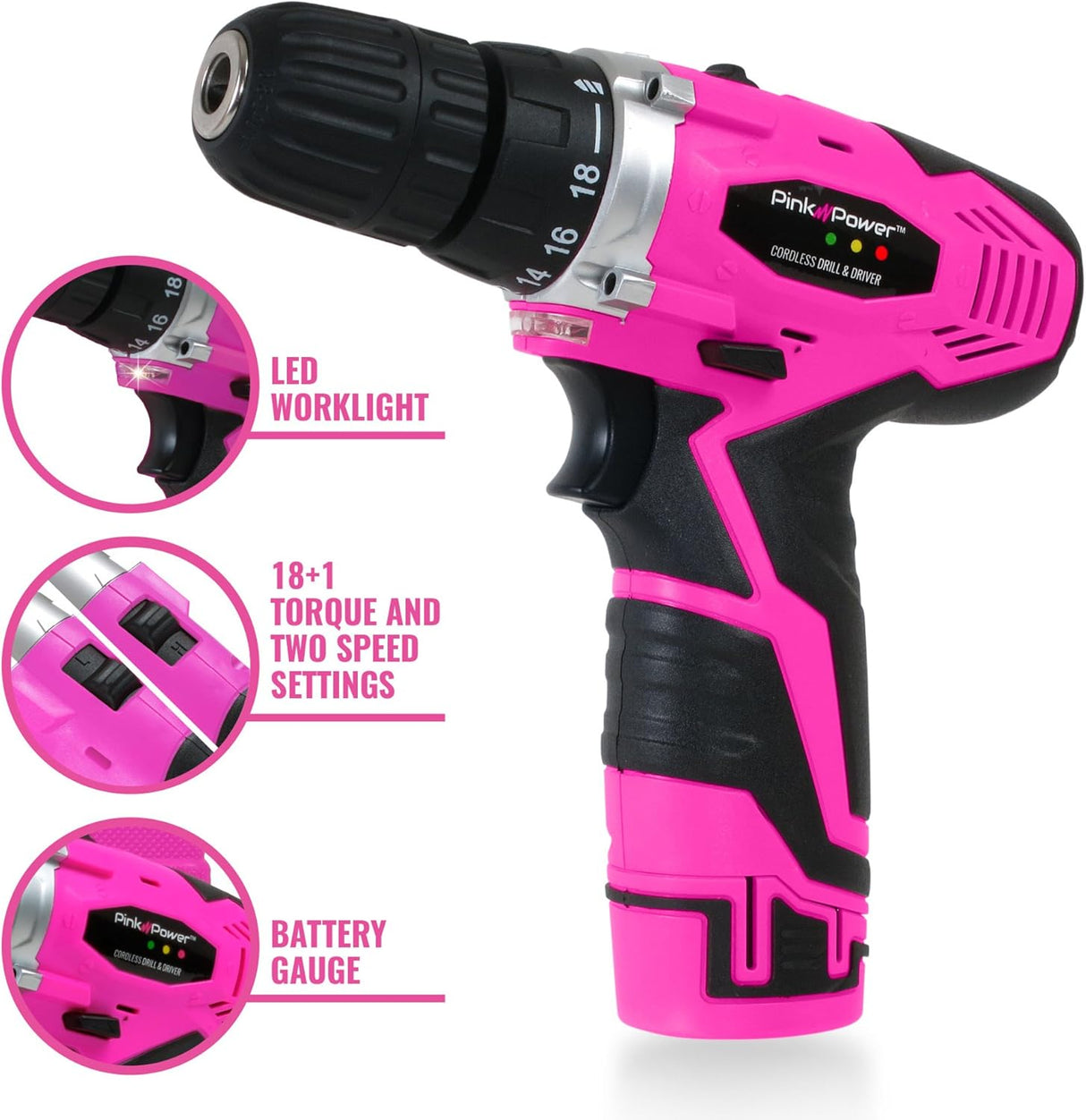Pink Power Cordless Drill & Driver Tool Kit -  Tool Case, Lithium Ion Electric Drill, Drill Set, Battery