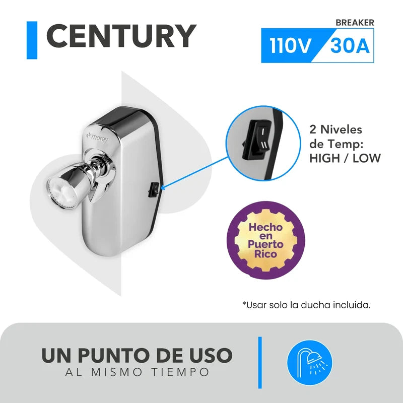 Calentador de Agua de Ducha Tipo Culebrilla MAREY Century (110V/120V, 2.6 kW)