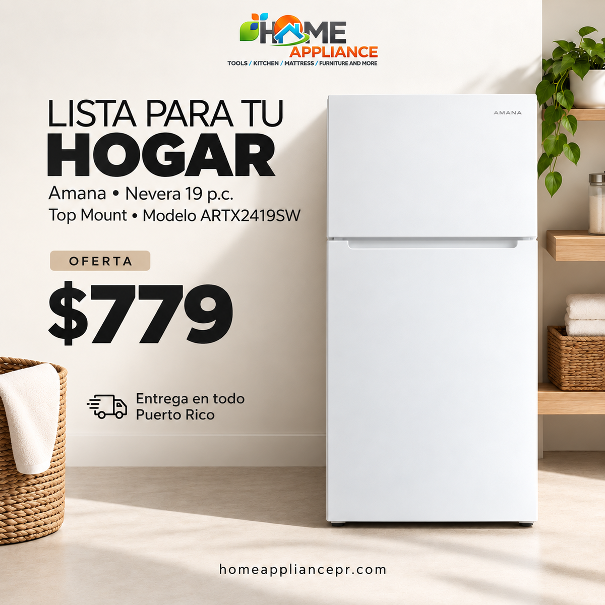 Amana Refrigerador Top Mount 19 Cu. Ft. Blanco Garage Ready (ARTX2419SW)