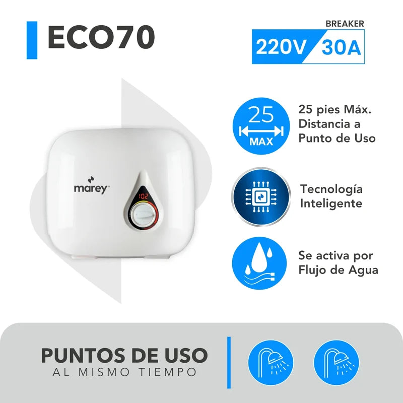 Calentador Eléctrico Sin Tanque Marey ECO70 - 7.2 kW, 240V, 1.5 GPM