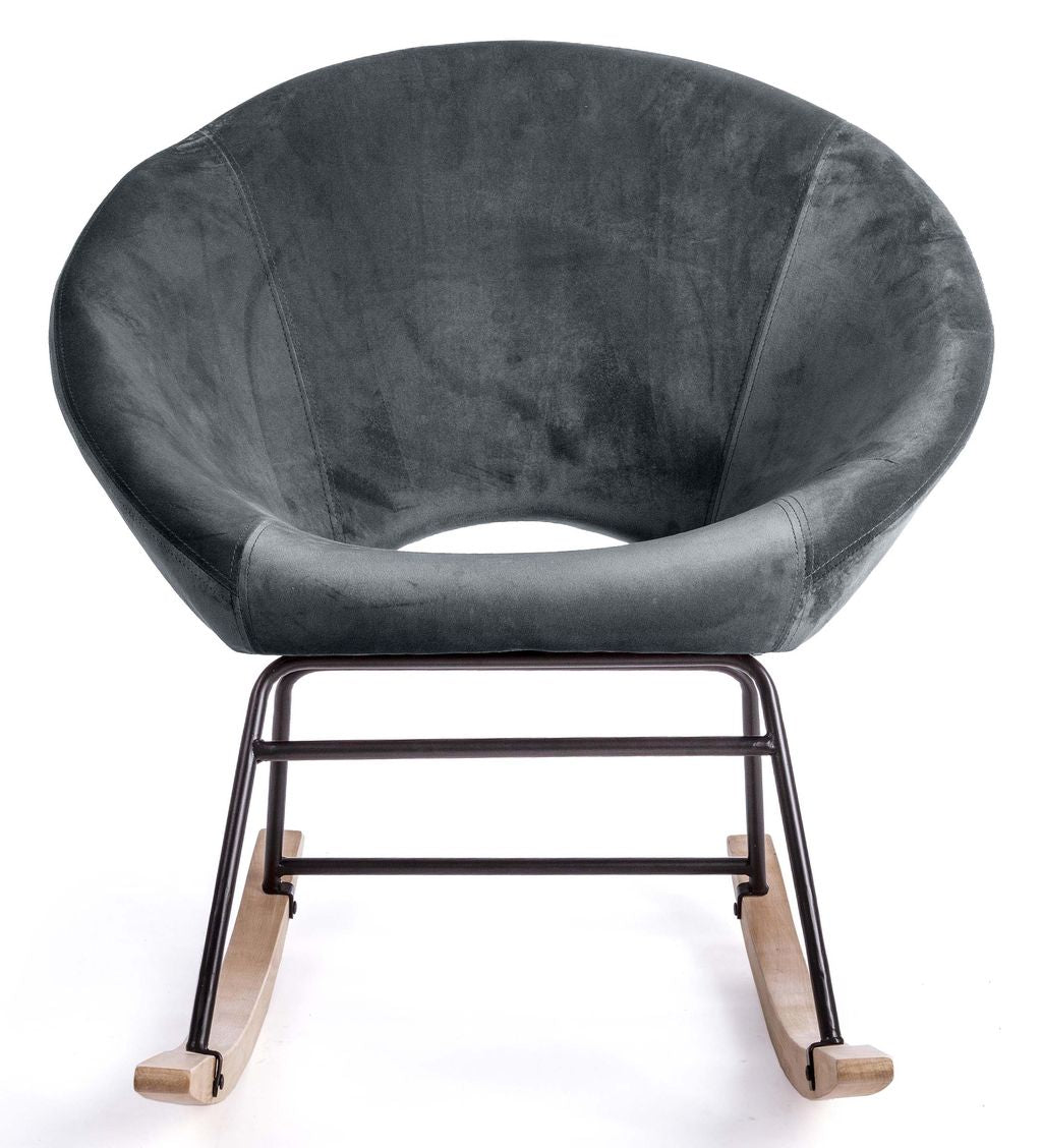 Silla Mecedora de Terciopelo Gris con Base Metálica Negra y Patas de Madera Natural