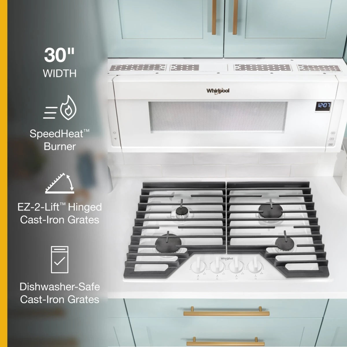Whirlpool Tope de Gas de 30" con Parrillas de Hierro Fundido Abatibles EZ-2-Lift™