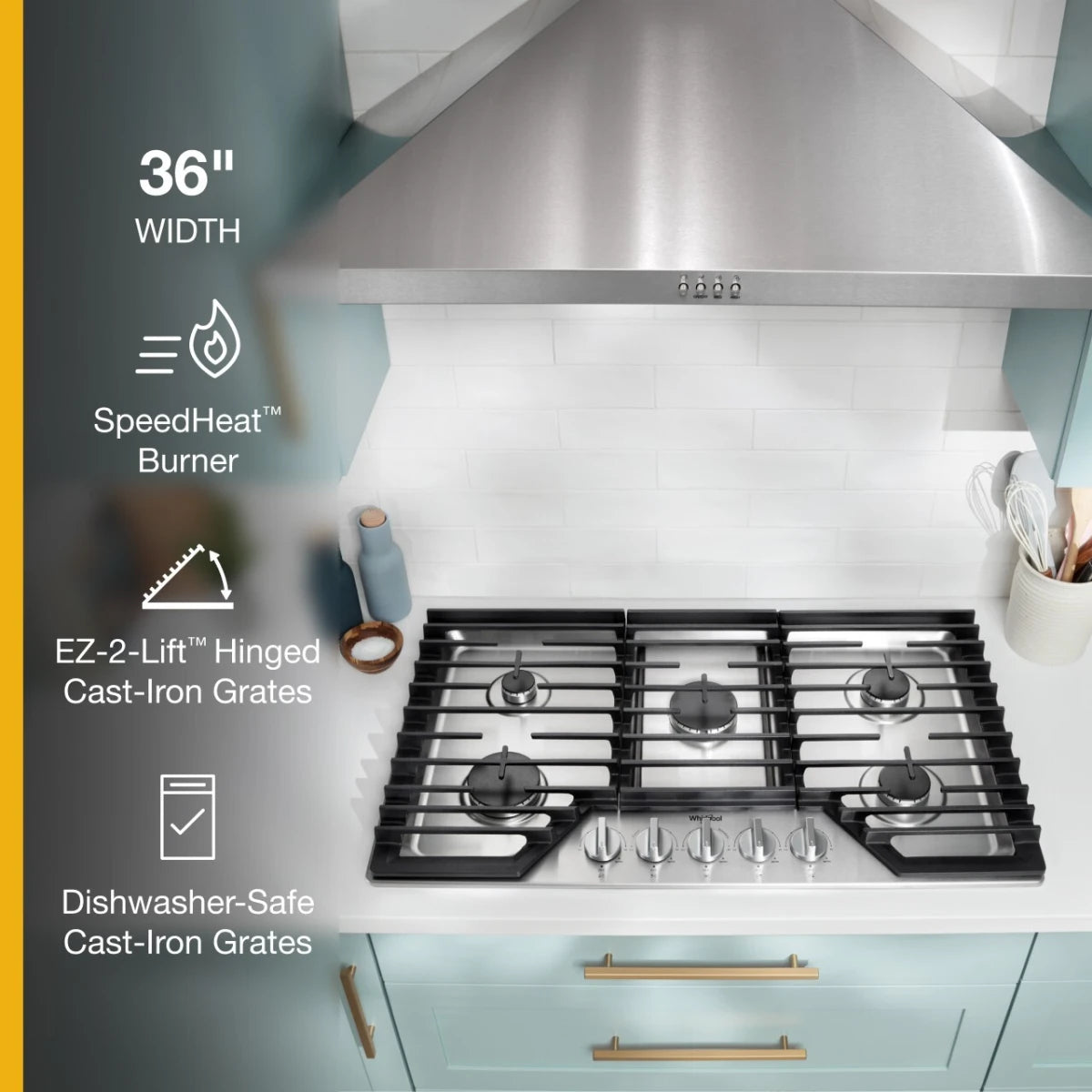 Whirlpool Tope de Gas de 36" con 5 Quemadores y Parrillas de Hierro Fundido Abatibles EZ-2-Lift™