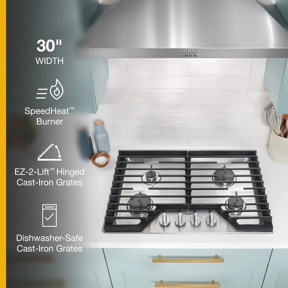 Whirlpool 30-inch Gas Cooktop with EZ-2-Lift™ Hinged Cast-Iron Grates