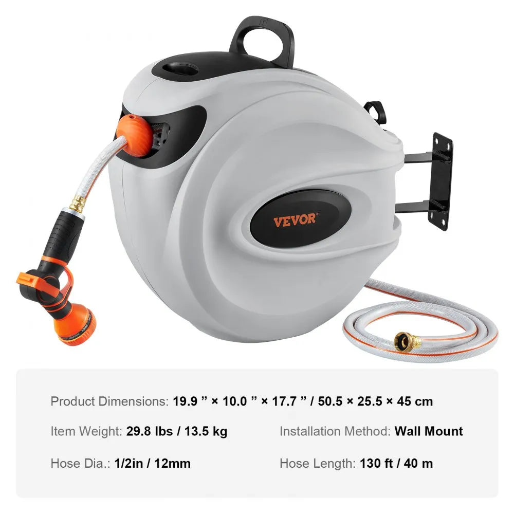 VEVOR 130 ft Retractable Hose Reel –130'x1/2", 180° Swivel