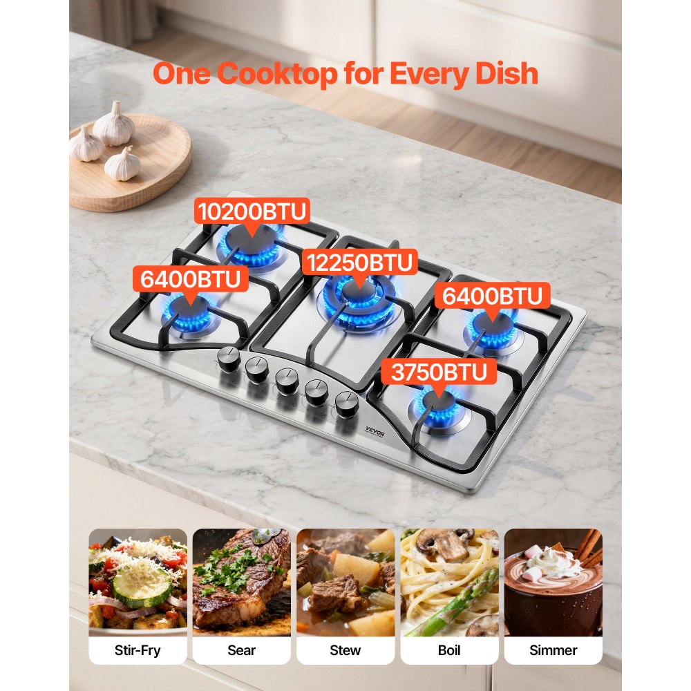 VEVOR 30-inch Gas Cooktop, 5 Burners Built-in Gas Stove Top