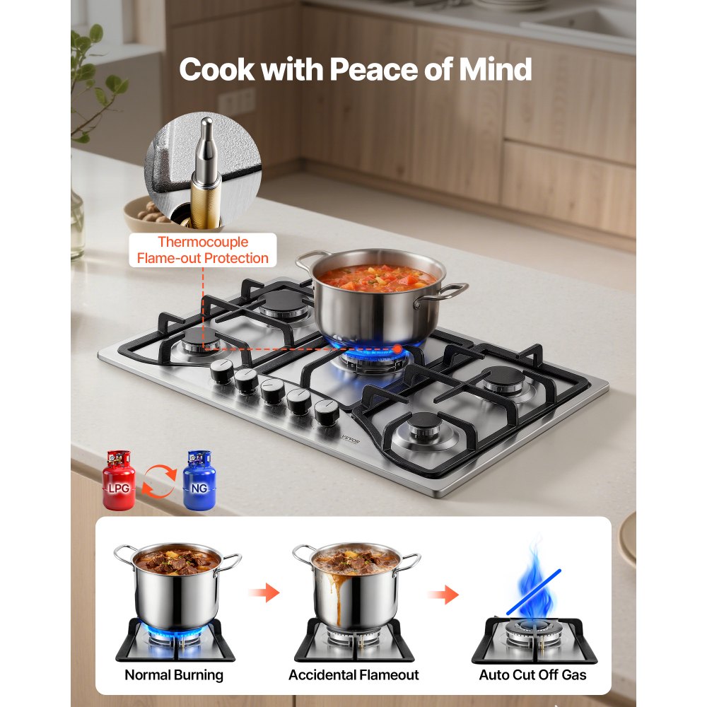 VEVOR 30-inch Gas Cooktop, 5 Burners Built-in Gas Stove Top